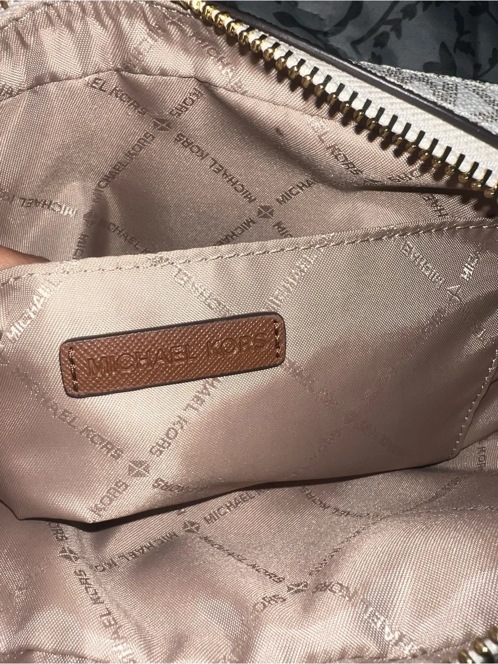 Michael Kors Beige Signature MK Crossbody with Brown Trim and Gold Chain